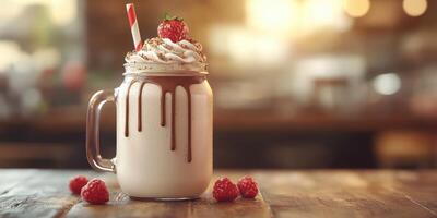 Creamy milkshake topped with whipped cream, chocolate drizzle, and fresh strawberries on a wooden table in a cozy cafe photo
