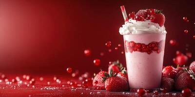 Refreshing strawberry milkshake with whipped cream and berries on a vibrant red background photo