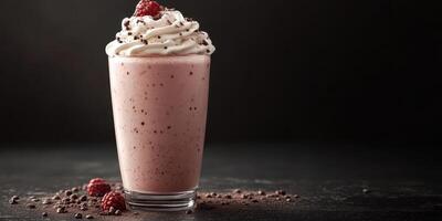 Smooth raspberry milkshake topped with whipped cream and chocolate sprinkles against a dark background photo