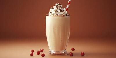 Creamy milkshake topped with whipped cream and chocolate, served in a glass with cherries on a warm background photo