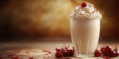 Delicious milkshake topped with whipped cream and cherries served on a rustic table photo