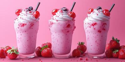 Refreshing strawberry milkshakes topped with cream and berries in vibrant pink setting photo