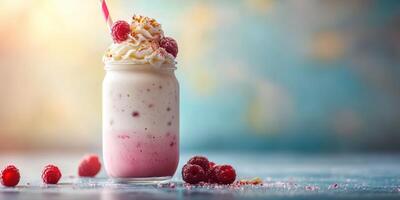 Creamy raspberry dessert served in a jar with colorful sprinkles and whipped cream on a bright background photo
