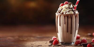 Delicious chocolate raspberry milkshake topped with whipped cream and chocolate drizzle in a cozy setting photo
