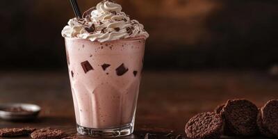 Delicious homemade chocolate milkshake with whipped cream and chocolate chips served with cookies photo