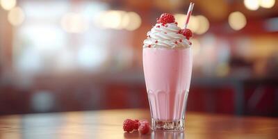 Refreshing raspberry milkshake served in a tall glass with whipped cream and a colorful straw photo