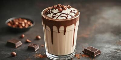 Delicious coffee drink with whipped cream and chocolate served in a clear glass on a dark background photo