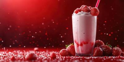 Delicious strawberry milkshake with whipped cream and fresh strawberries on a vibrant red background photo