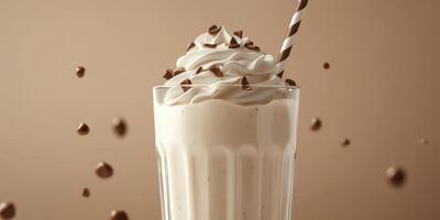 Creamy chocolate shake topped with whipped cream and chocolate sprinkles in a clear glass photo