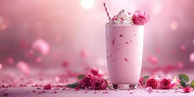 Refreshing pink drink with whipped cream and rose petals served in a glass amid a floral backdrop photo
