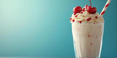 Delicious milkshake topped with cherries and whipped cream on a bright blue background photo