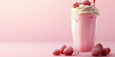 Refreshing raspberry milkshake topped with whipped cream against a pastel pink background in a cozy setting photo