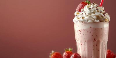 Refreshing strawberry milkshake topped with whipped cream and garnished with fresh strawberries photo