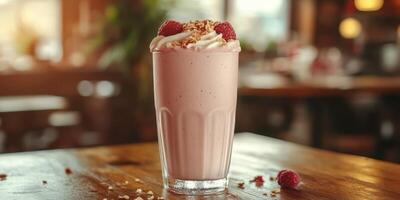 Creamy raspberry smoothie topped with granola and whipped cream in a cozy cafe setting photo