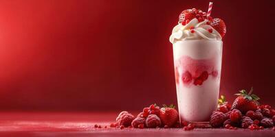 Delicious strawberry and raspberry shake topped with whipped cream and fresh berries on a vibrant red background photo
