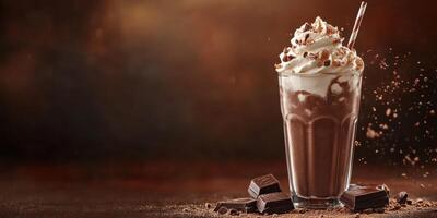 Refreshing chocolate milkshake topped with whipped cream and chocolate shavings on a warm background photo