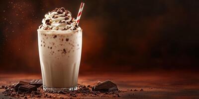 Chocolate milkshake topped with whipped cream and chocolate chips in a dark setting photo