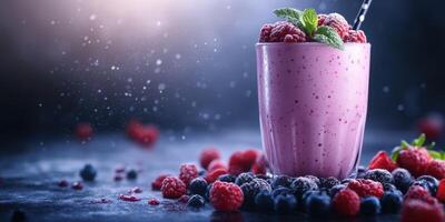 Refreshing berry smoothie in a glass garnished with mint leaves on a dark backdrop photo