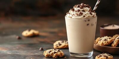 Creamy chocolate chip milkshake served with freshly baked cookies on a rustic table photo