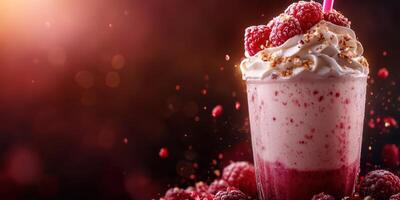 Delicious raspberry milkshake served in a glass with whipped cream and fresh berries, perfect for a summer treat photo