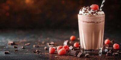 Delicious chocolate raspberry shake with whipped cream and chocolate shavings on a dark background photo
