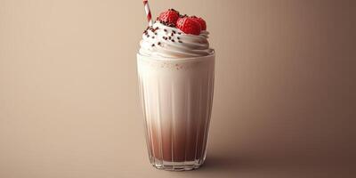 Dessert milkshake topped with whipped cream, raspberries, and chocolate, served in a glass with a straw photo