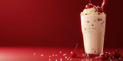 Milkshake topped with cherries and whipped cream sits on a red surface with scattered cherries nearby photo