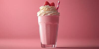 Delicious raspberry milkshake topped with whipped cream and fresh strawberries on a pastel pink background photo