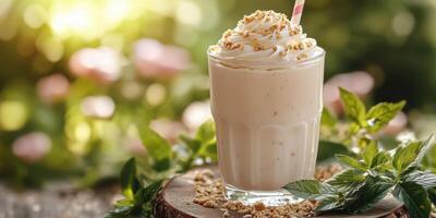 Creamy milkshake with whipped cream and nuts served in a glass on a wooden surface in a summer garden setting photo