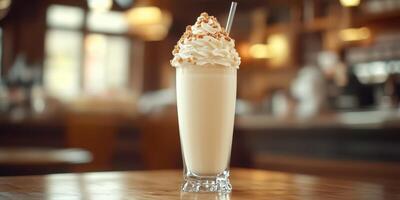 Creamy milkshake topped with whipped cream and nuts in a cozy cafe setting during afternoon hours photo