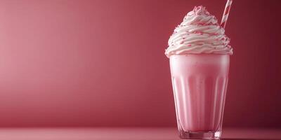 Creamy pink milkshake topped with whipped cream and sprinkles in a glass against a pastel background photo