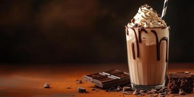 Delicious chocolate milkshake topped with whipped cream and chocolate shavings served with chocolate bars photo