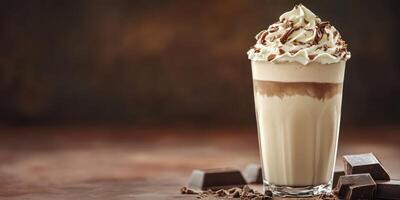 Indulgent chocolate milkshake topped with whipped cream and chocolate shavings served in a glass photo