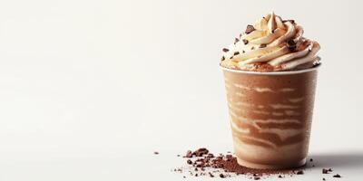 Creamy chocolate drink topped with whipped cream and chocolate shavings in a clear cup on a light background photo