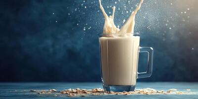 Splashing milk creates a dynamic moment in a glass representing breakfast beverage delight photo