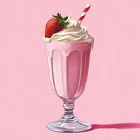 Delicious strawberry milkshake topped with whipped cream and a cherry on a pink background photo