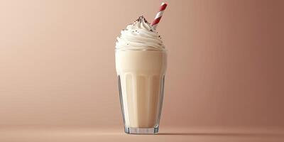 Creamy milkshake in a tall glass with whipped cream and a striped straw placed on a soft pastel backdrop photo