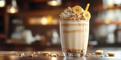 Delicious banana smoothie topped with granola and banana slices in a cozy cafe setting during the afternoon photo
