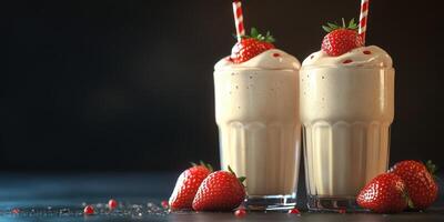Strawberry milkshakes with whipped cream and fresh berries set on a dark background photo