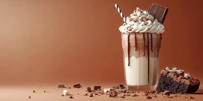 Decadent chocolate milkshake topped with whipped cream and chocolate garnishes in a creative layout photo