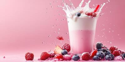 Refreshing berry smoothie with splashes and vibrant colors in a pink background photo