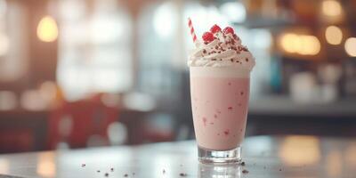 Creamy strawberry shake topped with whipped cream and cherries served in a glass on a countertop photo