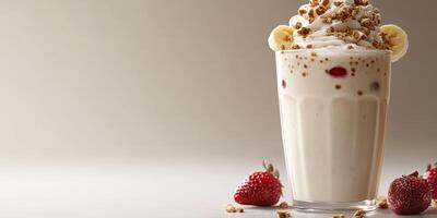 Creamy smoothie topped with whipped cream, granola, bananas, and fresh strawberries in a glass on a light background photo