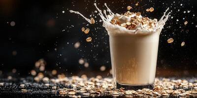 Creamy oat drink splashes attractively with scattered oats on a dark background photo