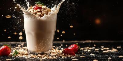 Delicious smoothie splashes with fresh strawberries and oats on a dark background photo