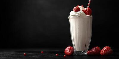 Strawberry milkshake with whipped cream and fresh strawberries in a dark setting photo