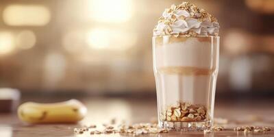 Delicious layered dessert with whipped cream and oats in a cozy cafe setting during afternoon photo