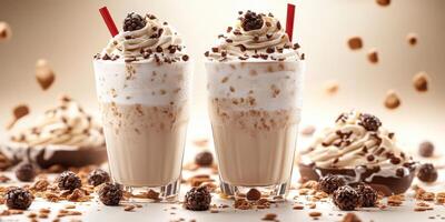 Creamy dessert shakes topped with chocolate sprinkles and berries on a light background at a dessert bar photo