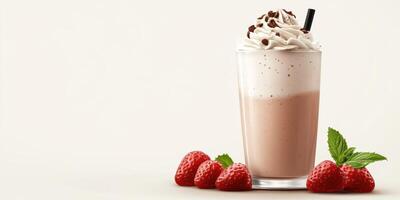 Refreshing strawberry milkshake topped with whipped cream and chocolate in a clear glass photo