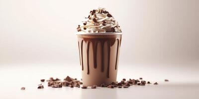 Delicious chocolate milkshake topped with whipped cream and chocolate shavings in a minimalist setting photo